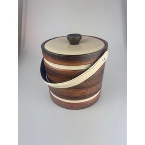 Vintage Barware 1970s Retro Ice Bucket - Vinyl Wood Grain with Cream Colored Top